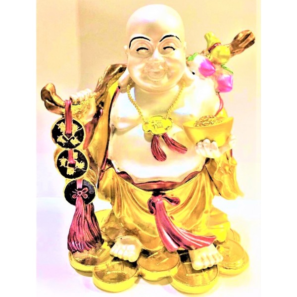 Feng Shui Lucky Charm - Golden Smiling Buddha with Ingot Money Bar